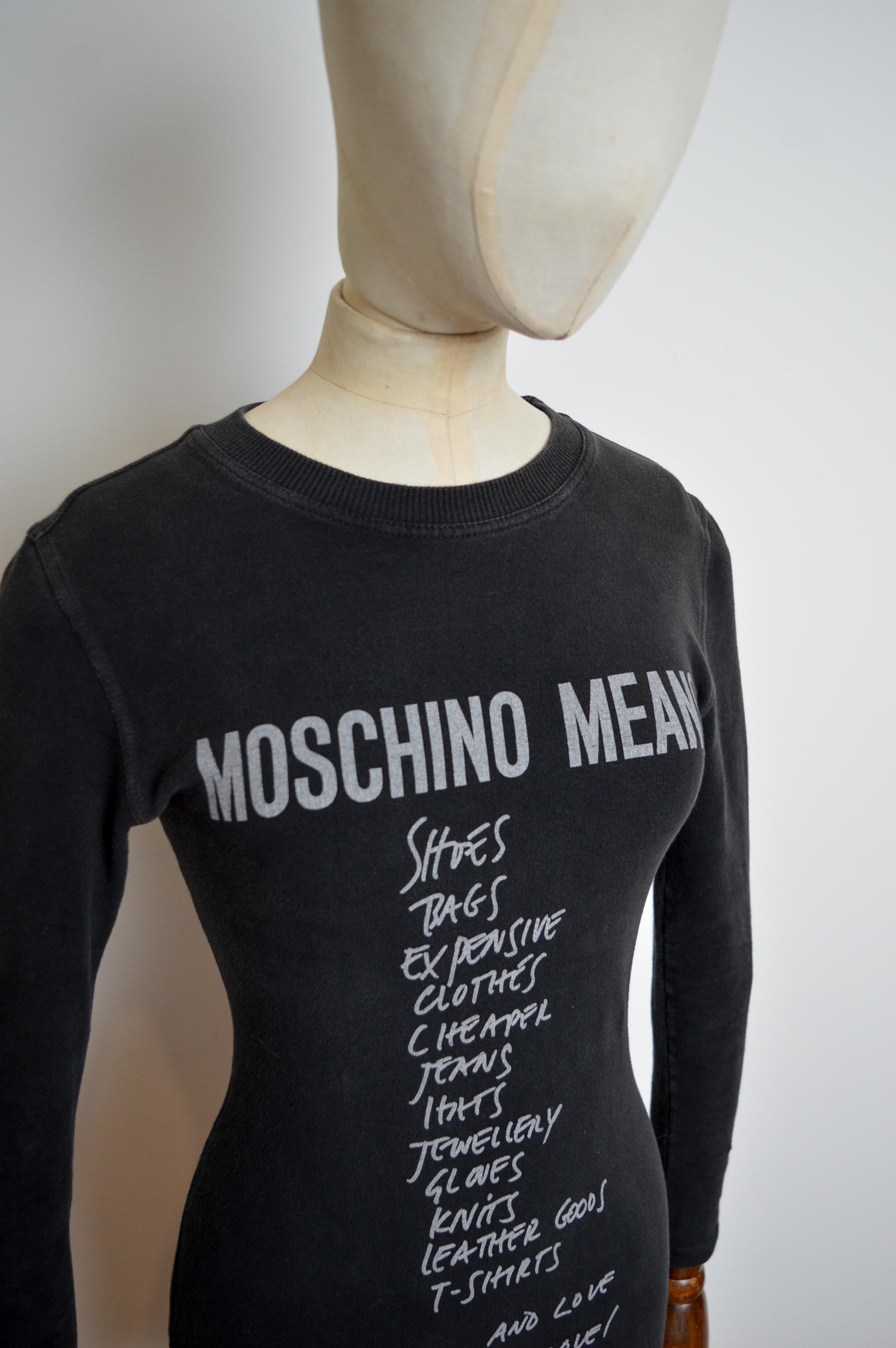 1990s Moschino List Slogan Fun Graphic Little black long sleeve Micro mini Dress For Sale 1