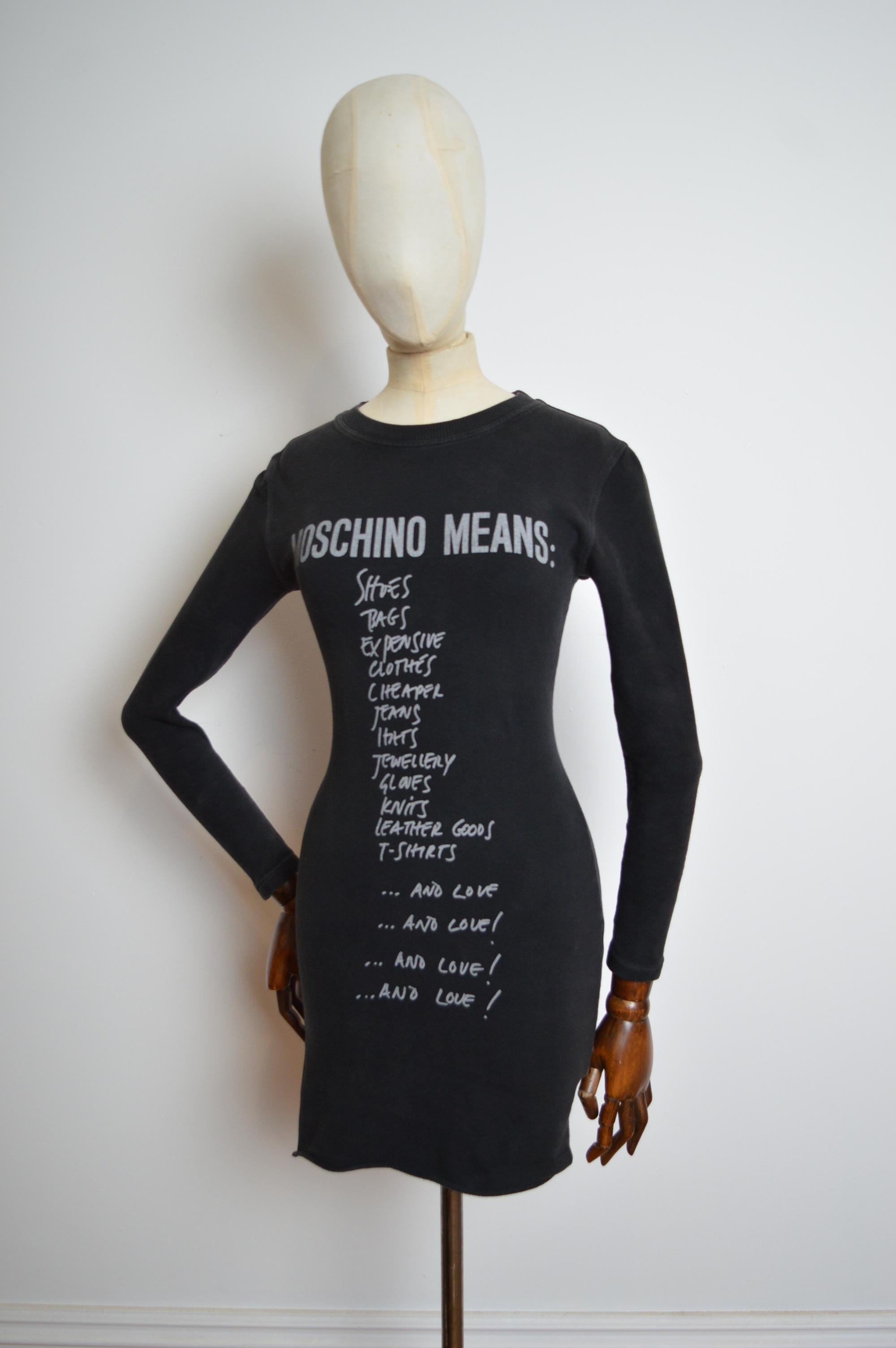 1990s Moschino List Slogan Fun Graphic Little black long sleeve Micro mini Dress For Sale 3