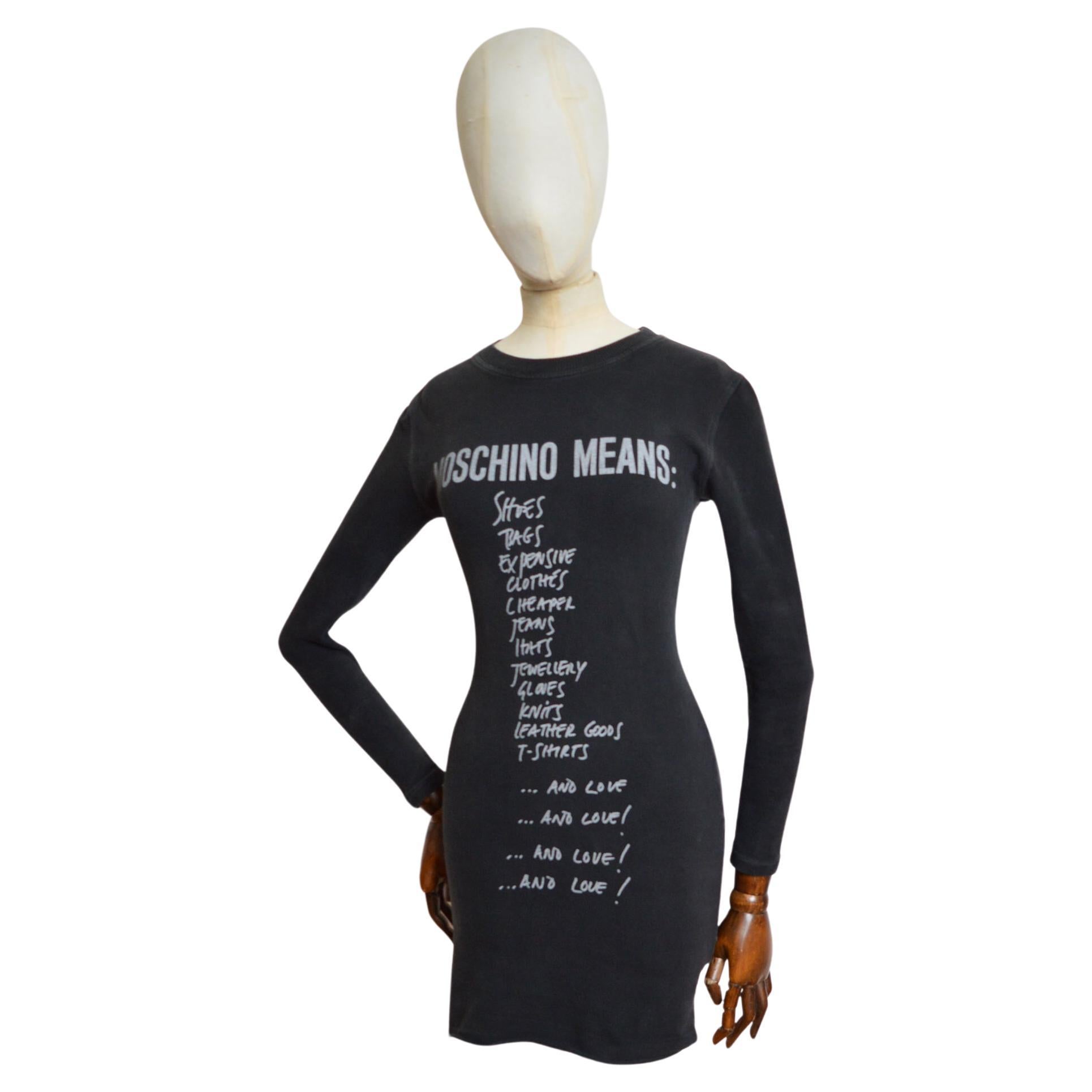 1990s Moschino List Slogan Fun Graphic Little black long sleeve Micro mini Dress For Sale