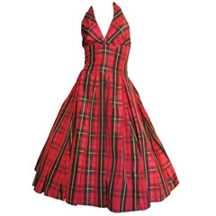 1990s Moschino New Plaid Taffeta Halter Dress