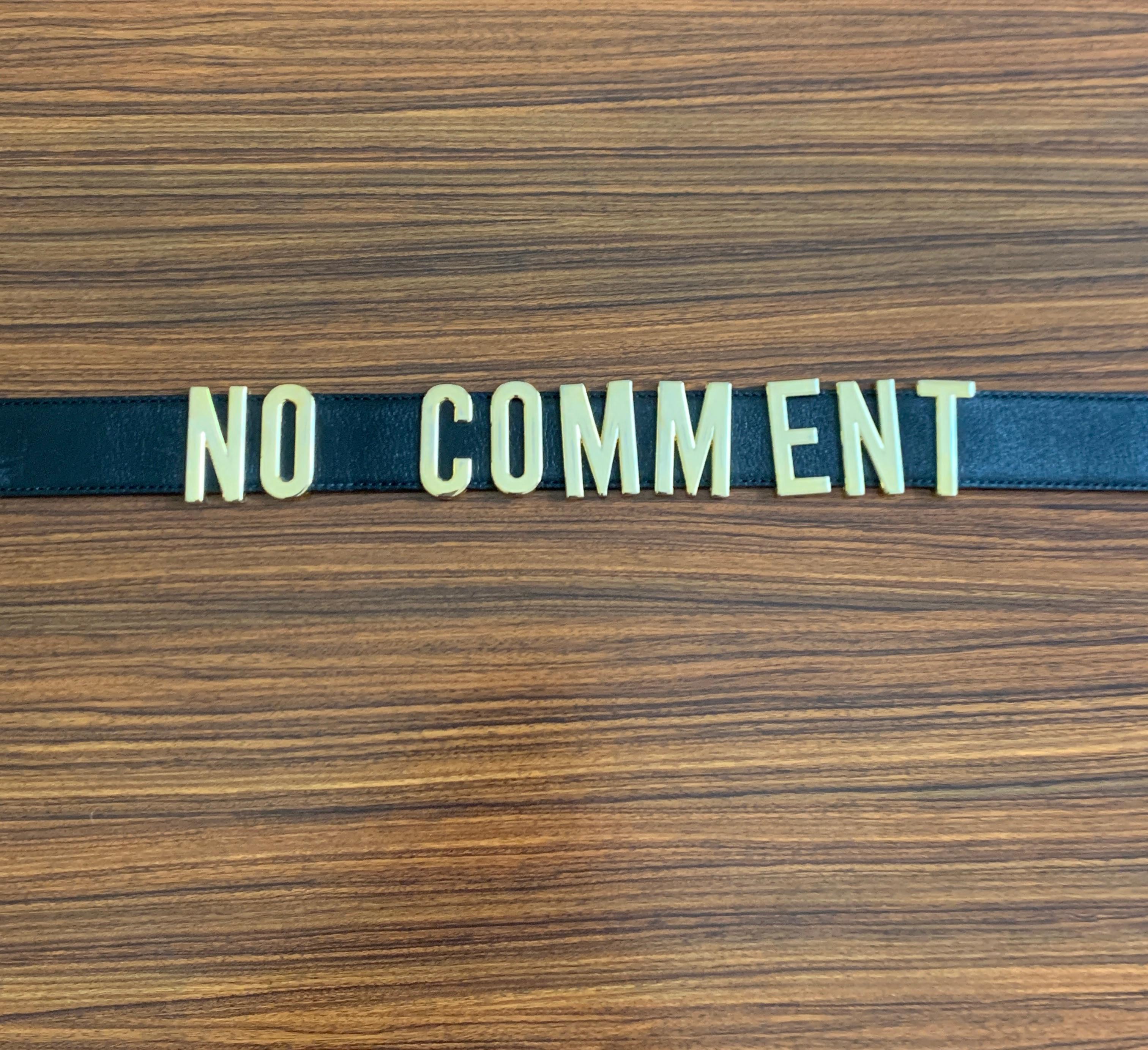 1990s Moschino No Comment Belt Gold Letters on Black Leather Redwall In Good Condition In San Francisco, CA