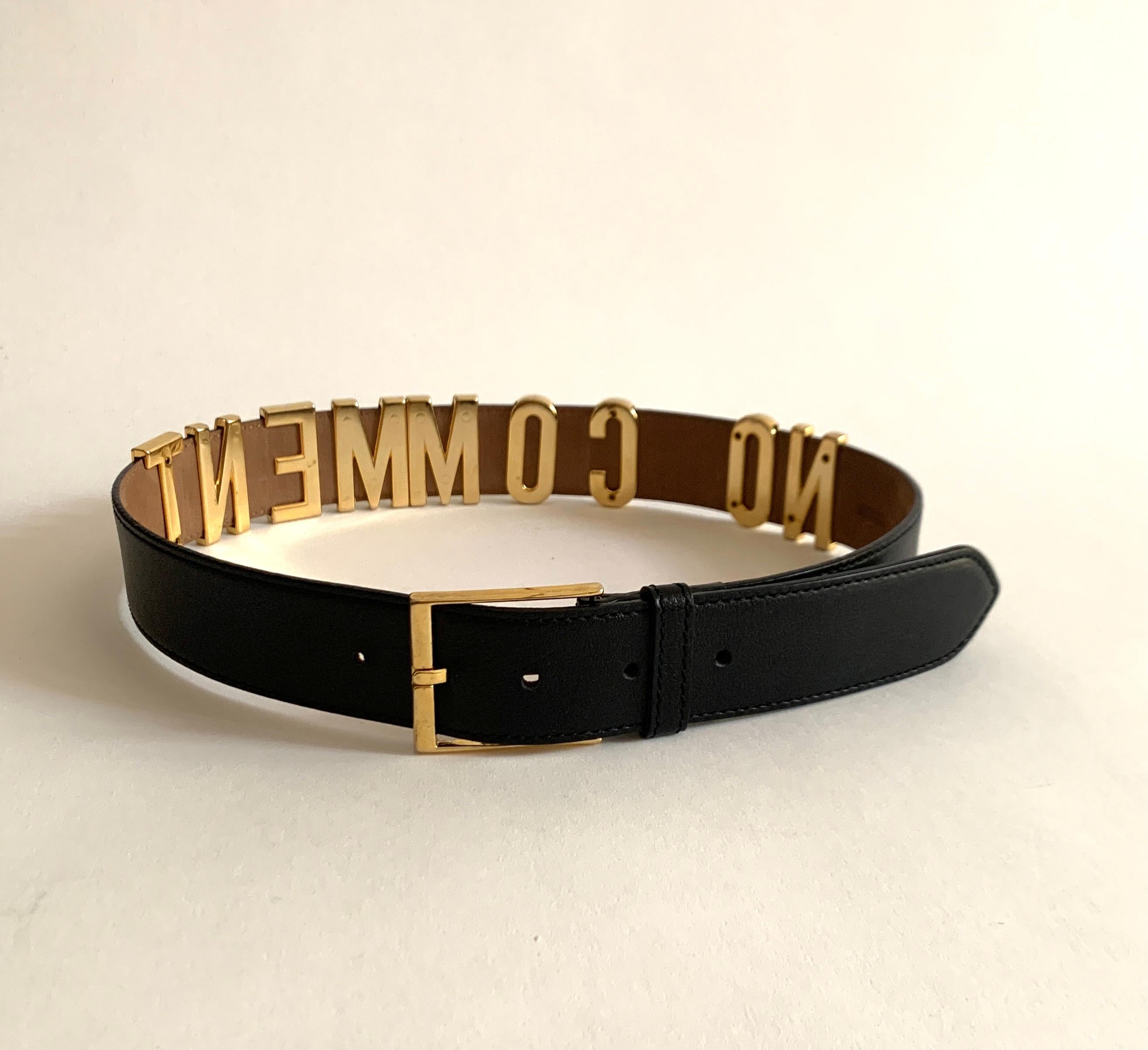 Women's 1990s Moschino No Comment Belt Gold Letters on Black Leather Redwall