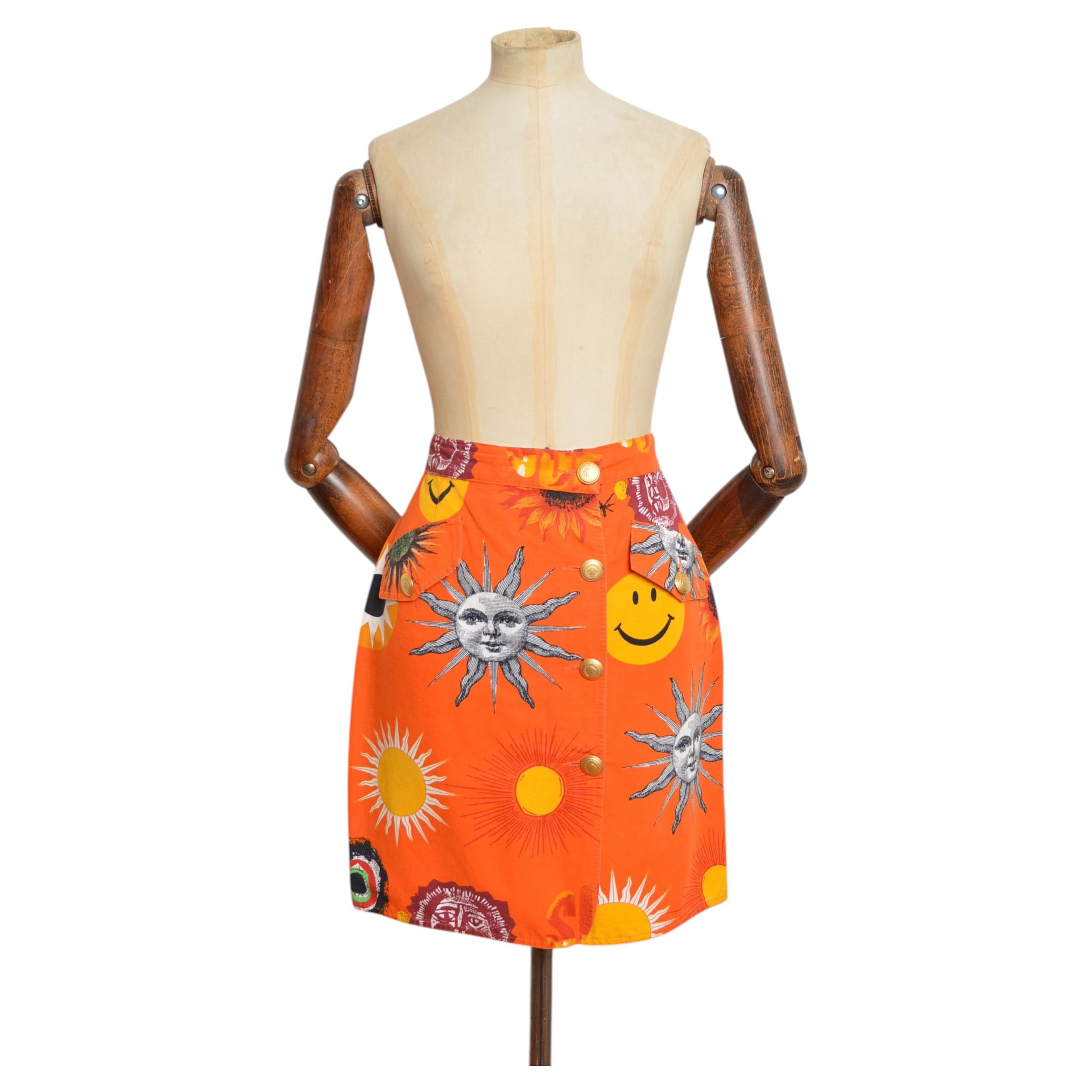 1990's MOSCHINO Orange Sun and Moon Pattern Button down Mini Skirt