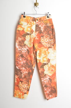 1990s Moschino Peach Orange Floral Print High Waisted Jeans