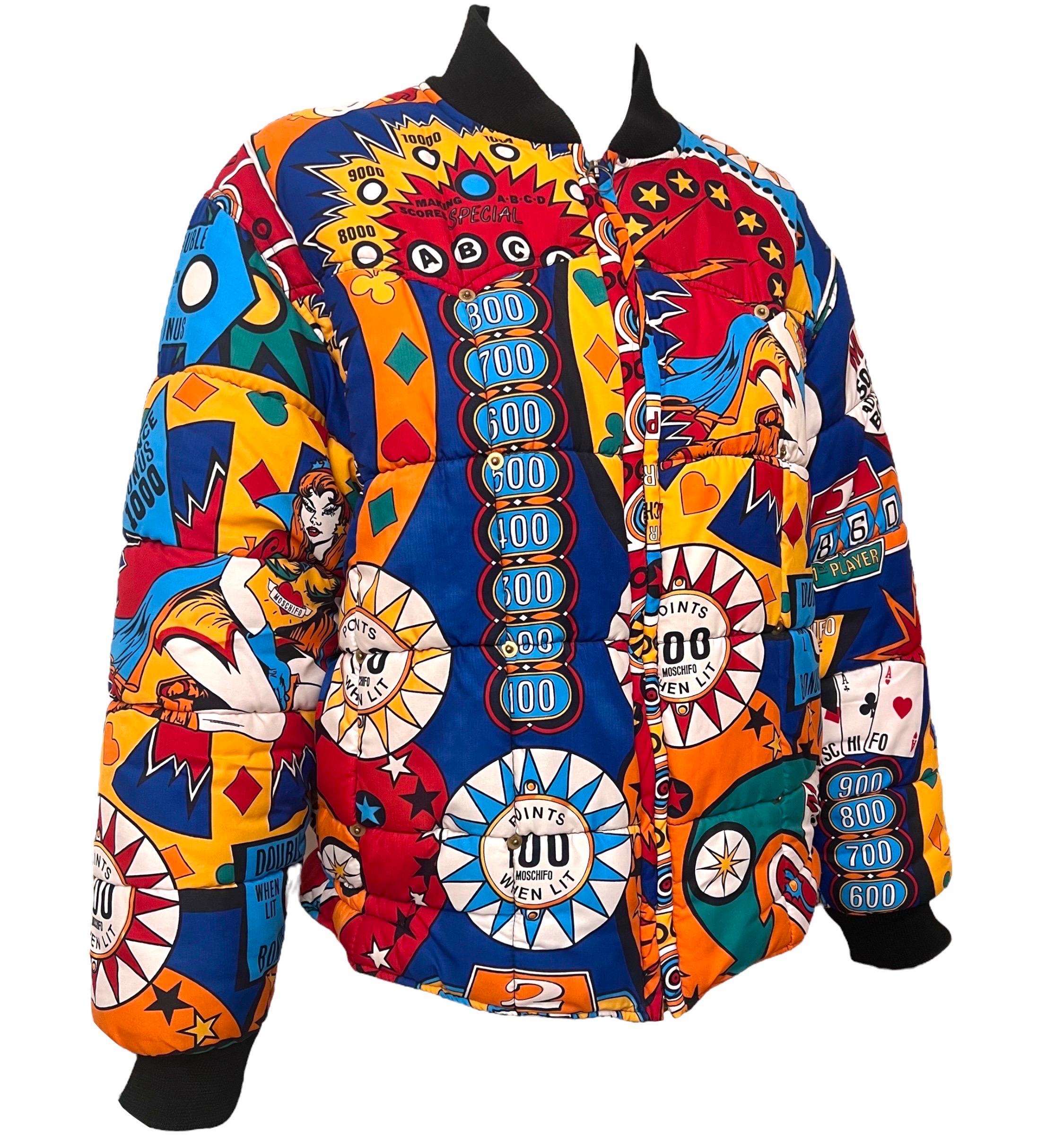 Whimsical Moschino Jeans puffer coat from the 90's. This jacket is printed throughout with a pop art pinball print.
Stretchy knit collar and cuffs.

Size: US 8

Condition: This coat is in excellent condition throughout. The initial heart-shaped