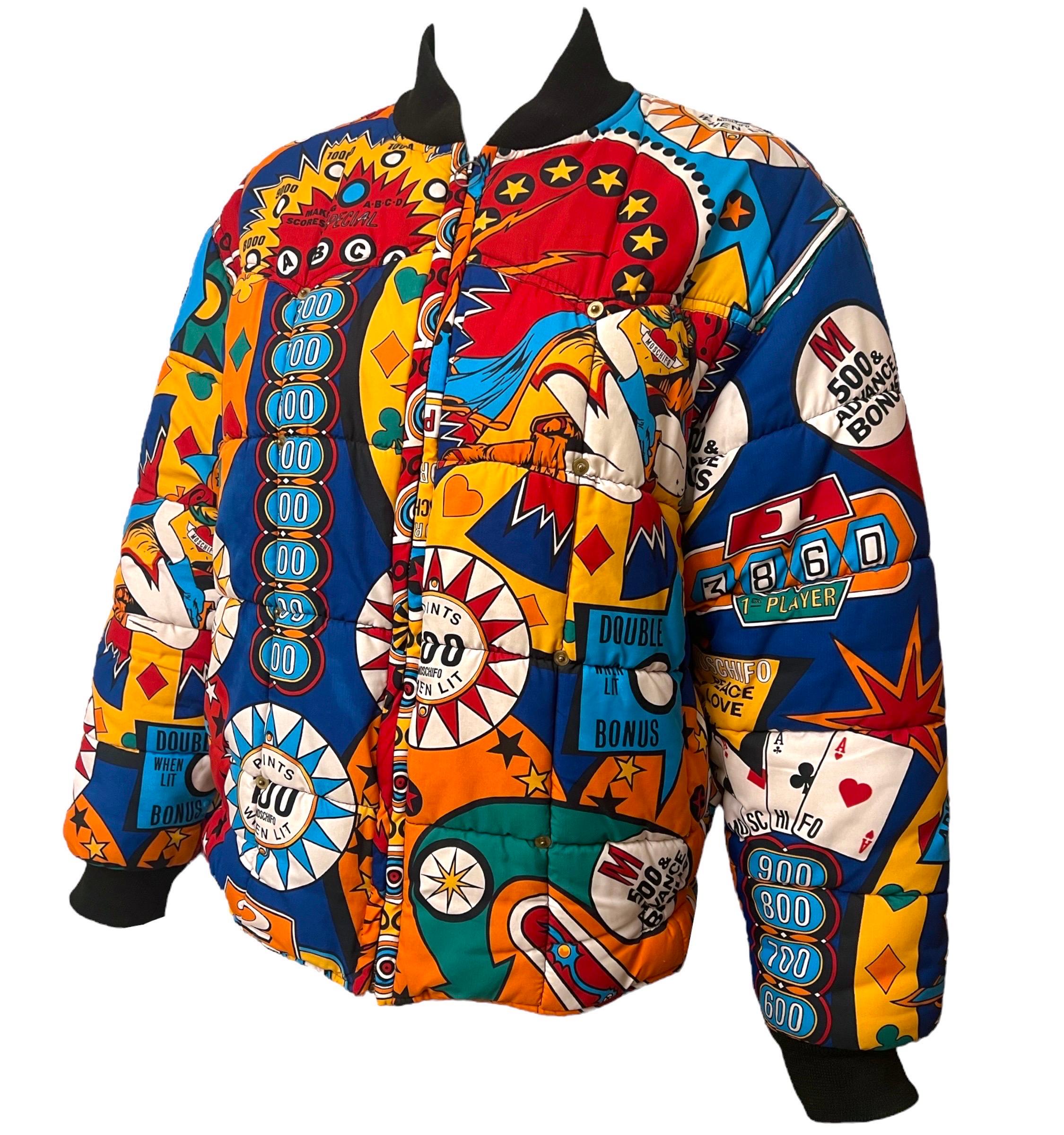 1990's Moschino Pinball Printed Puffer Coat Jacket In Good Condition In Concord, NC