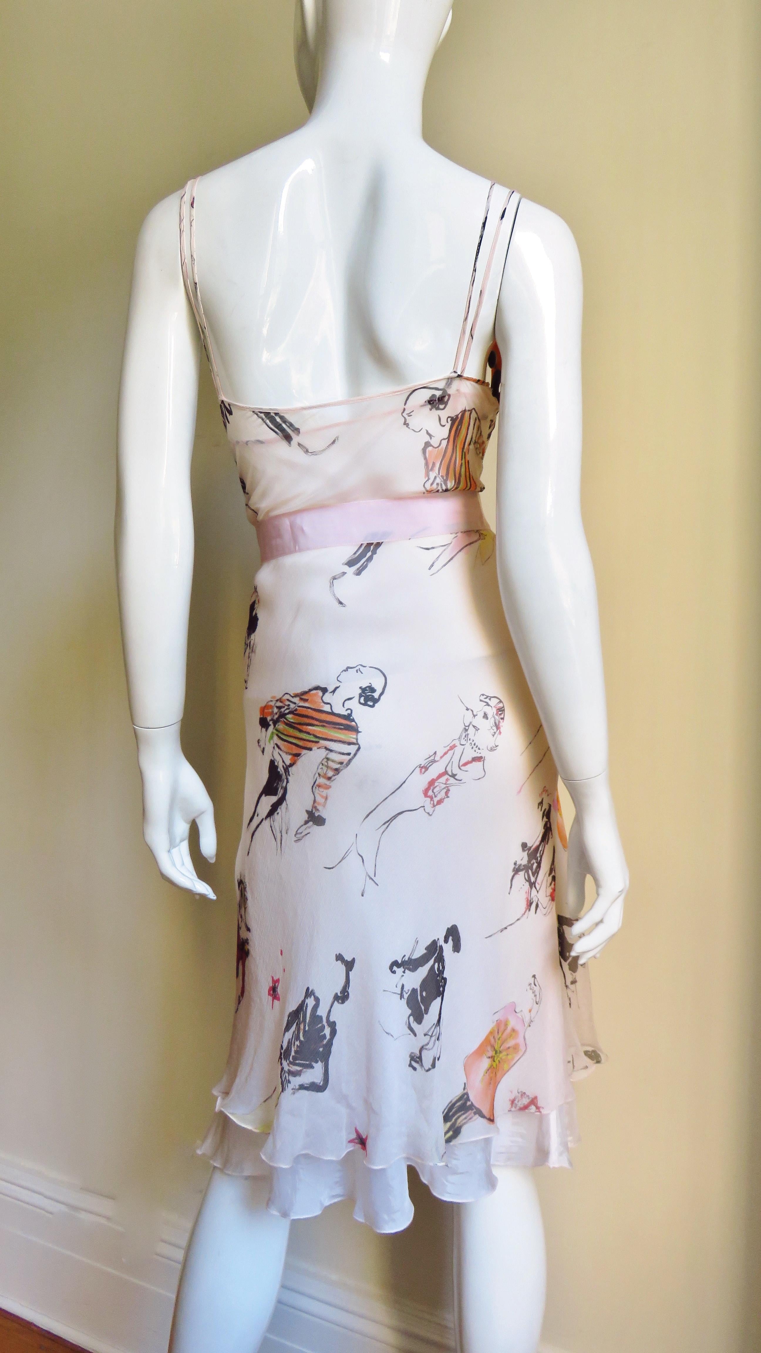  Moschino Pink Silk People Print Wrap Dress For Sale 2