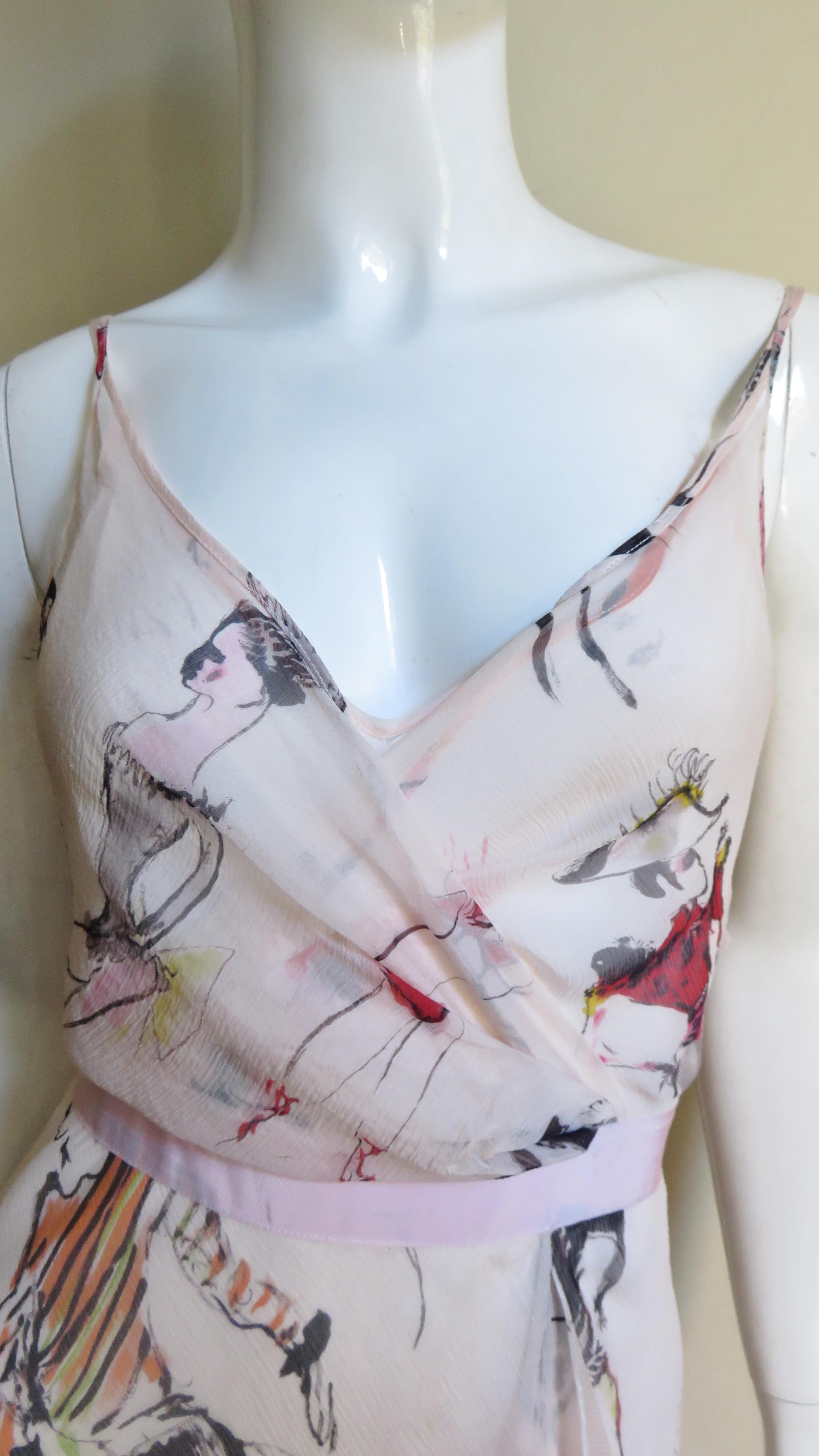  Moschino Rosa Seiden-Wickelkleid mit People-Muster im Zustand „Hervorragend“ im Angebot in Water Mill, NY