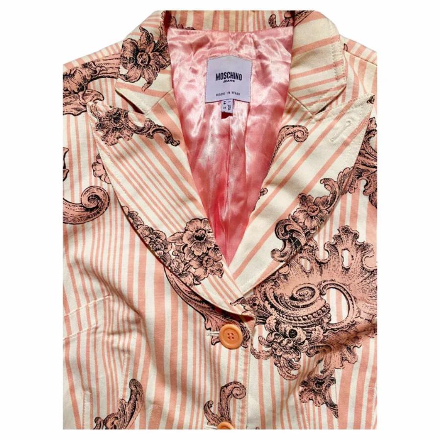Beige 1990s Moschino Pink Striped Baroque Print Cropped Blazer Jacket For Sale