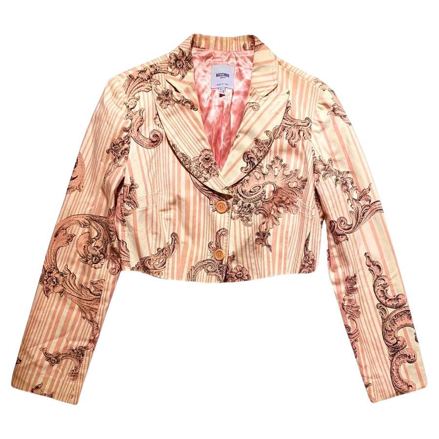 1990s Moschino Pink Striped Baroque Print Cropped Blazer Jacket For Sale