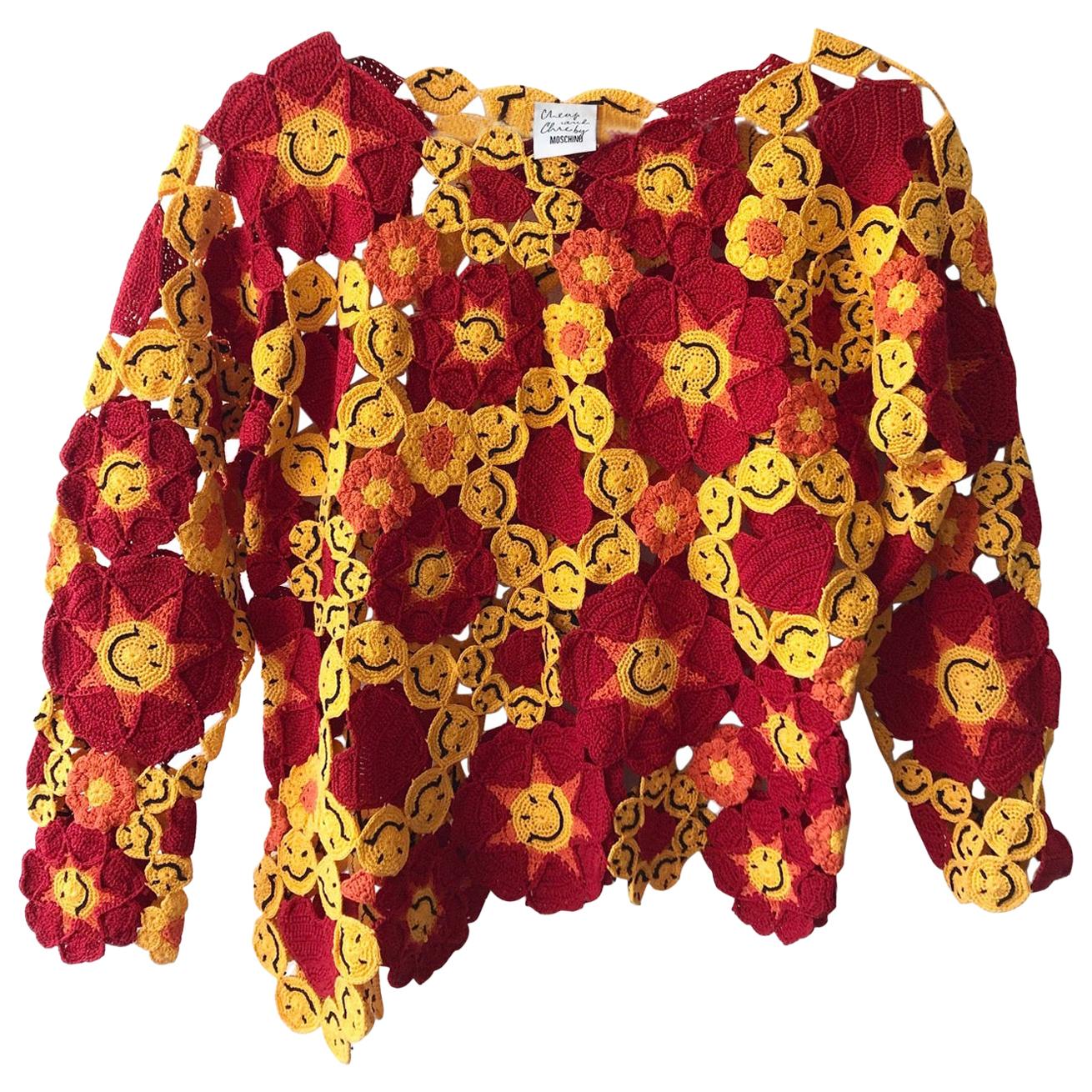 1990s Moschino Red and Yellow Crochet Smiley Acid Face Sweater at 1stDibs