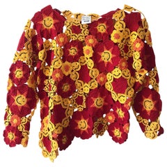  1990s Moschino Red and Yellow Crochet Smiley Acid Face Sweater