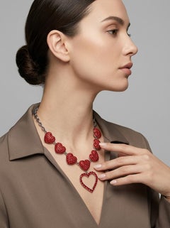 1990s Moschino Red Crystal Heart Statement Necklace