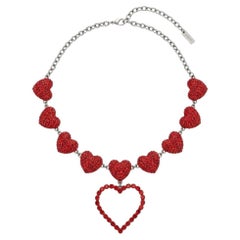 1990s Moschino Red Crystal Heart Statement Necklace
