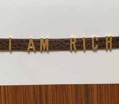 1990s Moschino Redwall Belt I Am Rich in Gold Letters on Brown Embossed Leather