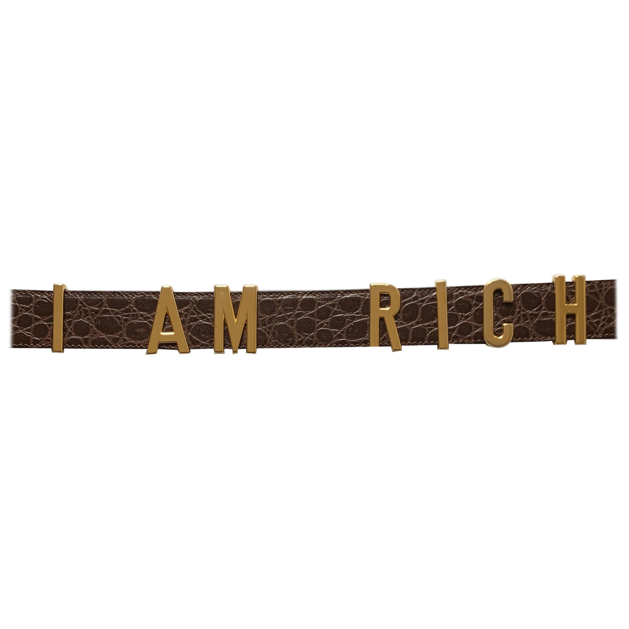 1990s Moschino Redwall Belt I Am Rich in Gold Letters on Brown Embossed Leather
