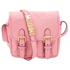 1990s Moschino Redwall Pink Satchel Style Crossbody Bag w Gold Logo Lettering