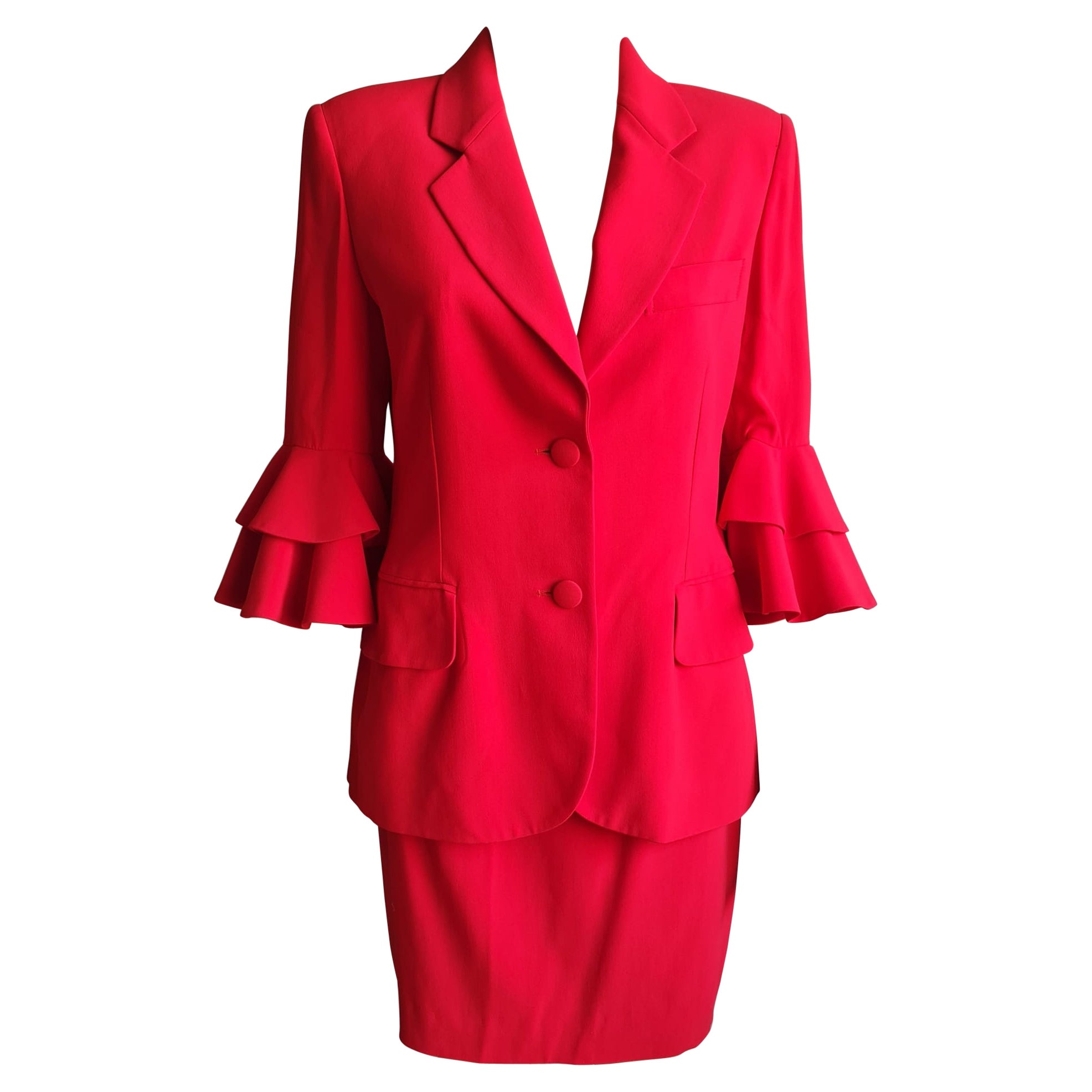 1990 Moschino "repetita juvant" jupe rouge tailleur taille IT42 en vente