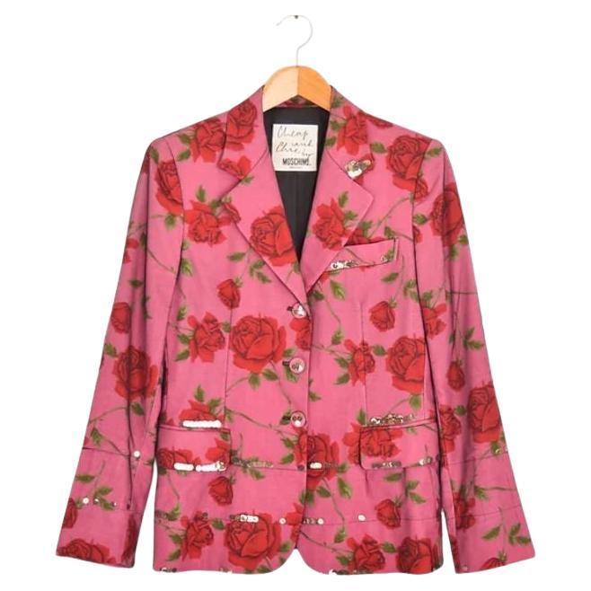 1990's Moschino 'Rose' Patterned Sequin Mesh Blazer Jacket in Pink floral For Sale