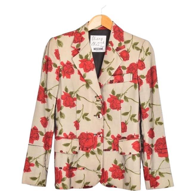 1990's Moschino 'Rose' Patterned Sequin Mesh Blazer Jacket in White & Red floral For Sale