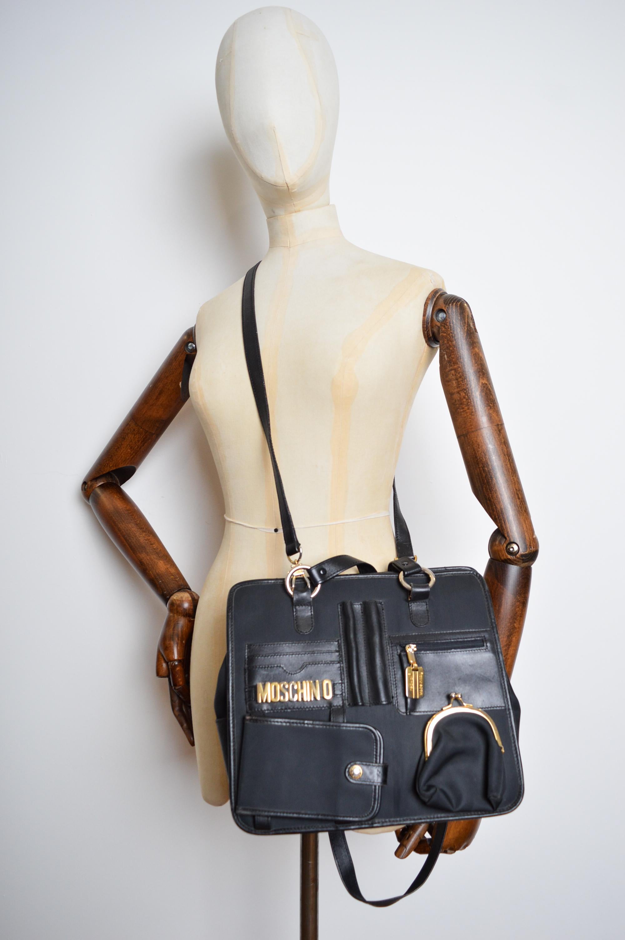 1990's Moschino Stationary Multi Pocket Archive Tactical Black Satchel - Bag For Sale 13
