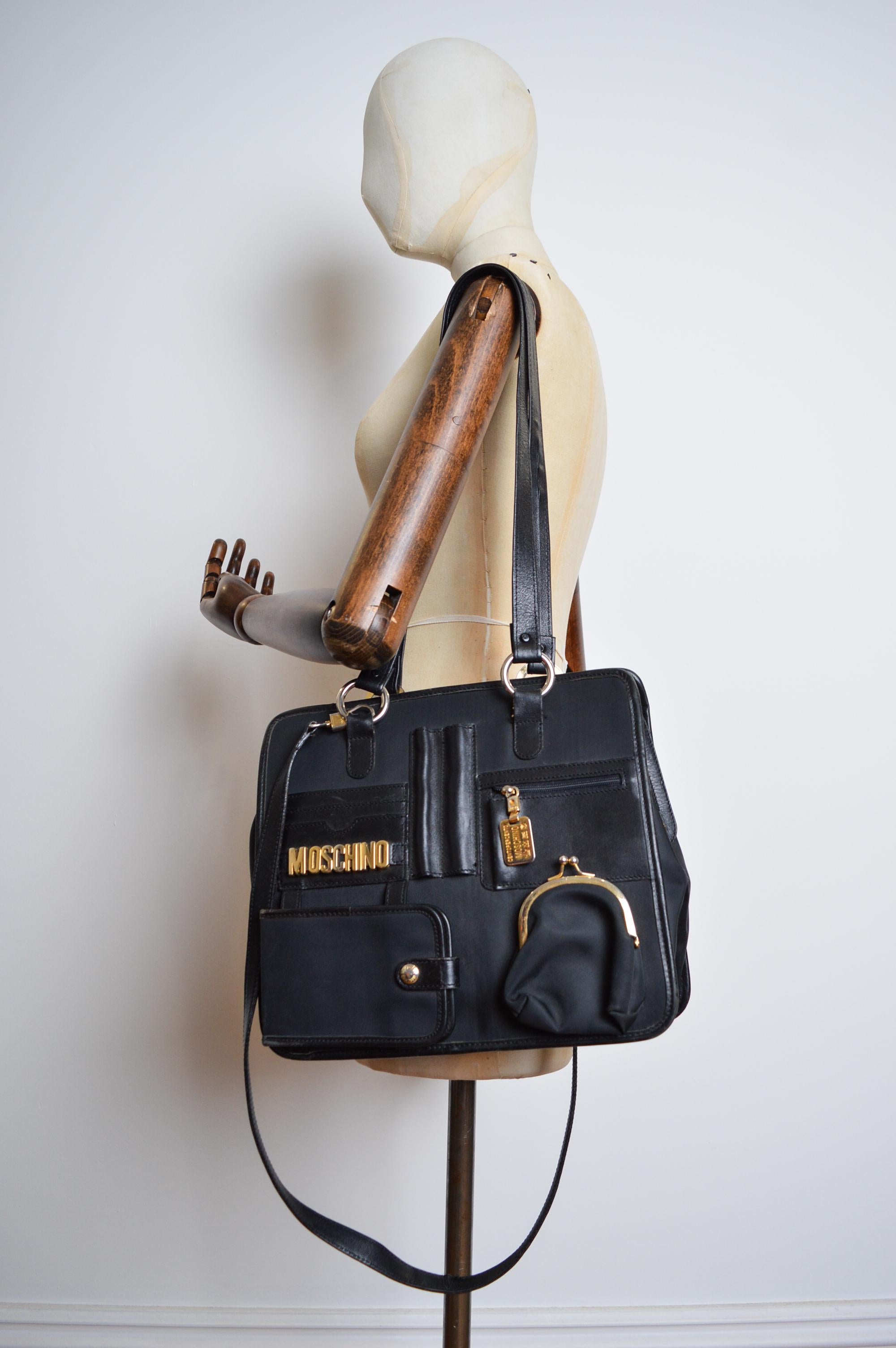 1990's Moschino Stationary Multi Pocket Archive Tactical Black Satchel - Bag For Sale 14