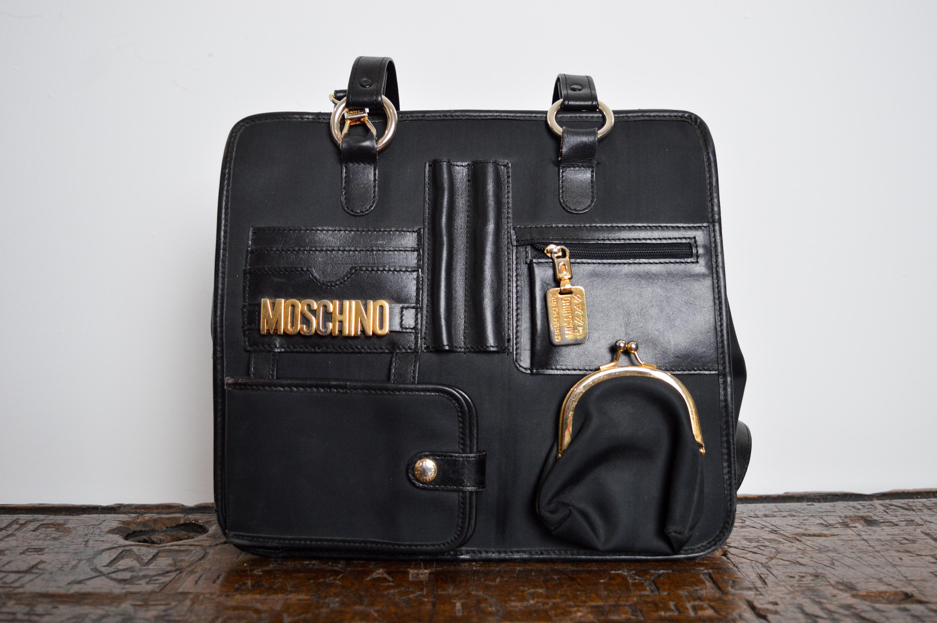 1990's Moschino Stationary Multi Pocket Archive Tactical Black Satchel - Bag In Good Condition For Sale In Sheffield, GB