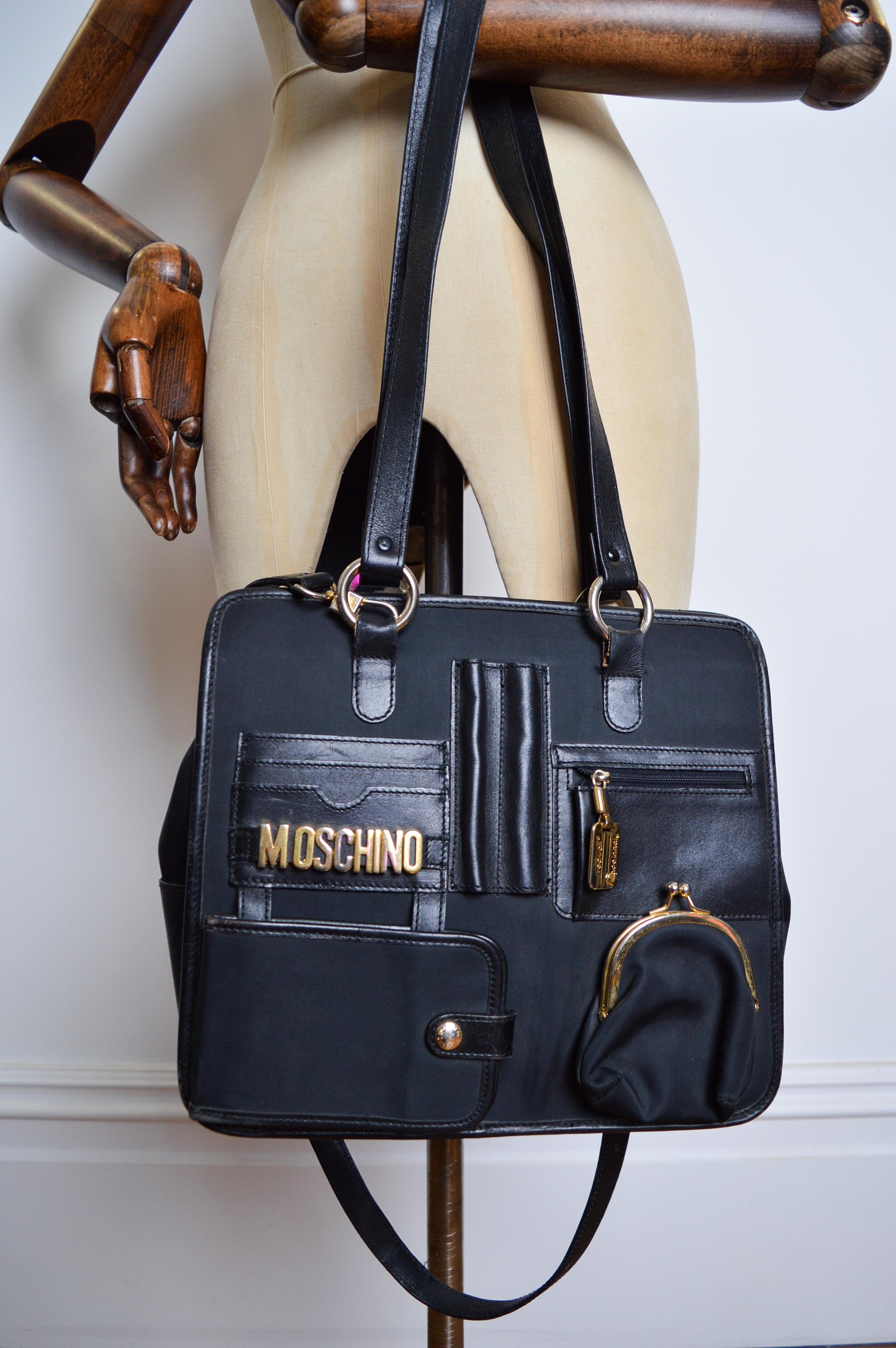 1990's Moschino Stationary Multi Pocket Archive Tactical Black Satchel - Bag For Sale 1