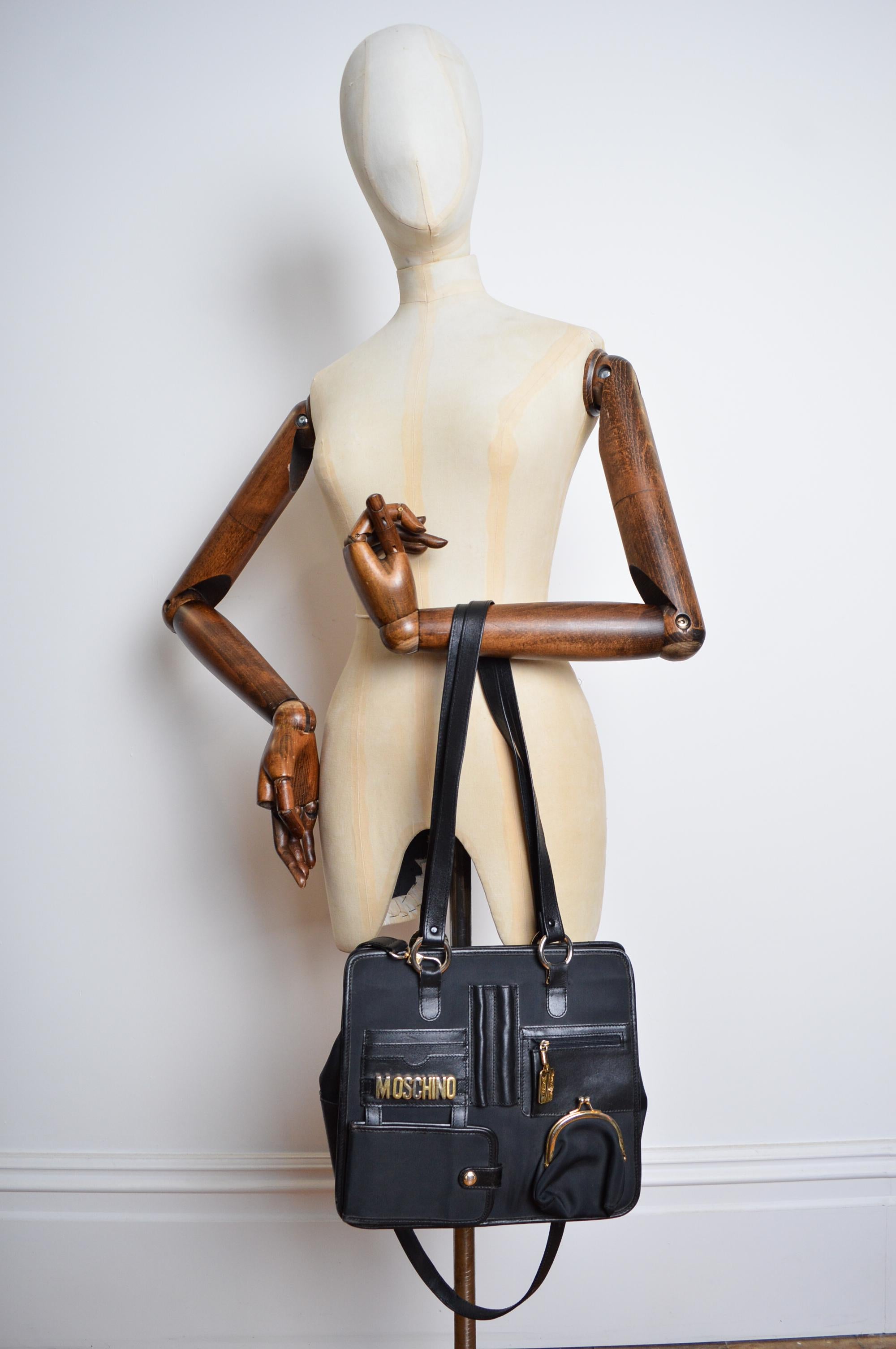 1990's Moschino Stationary Multi Pocket Archive Tactical Black Satchel - Bag For Sale 3