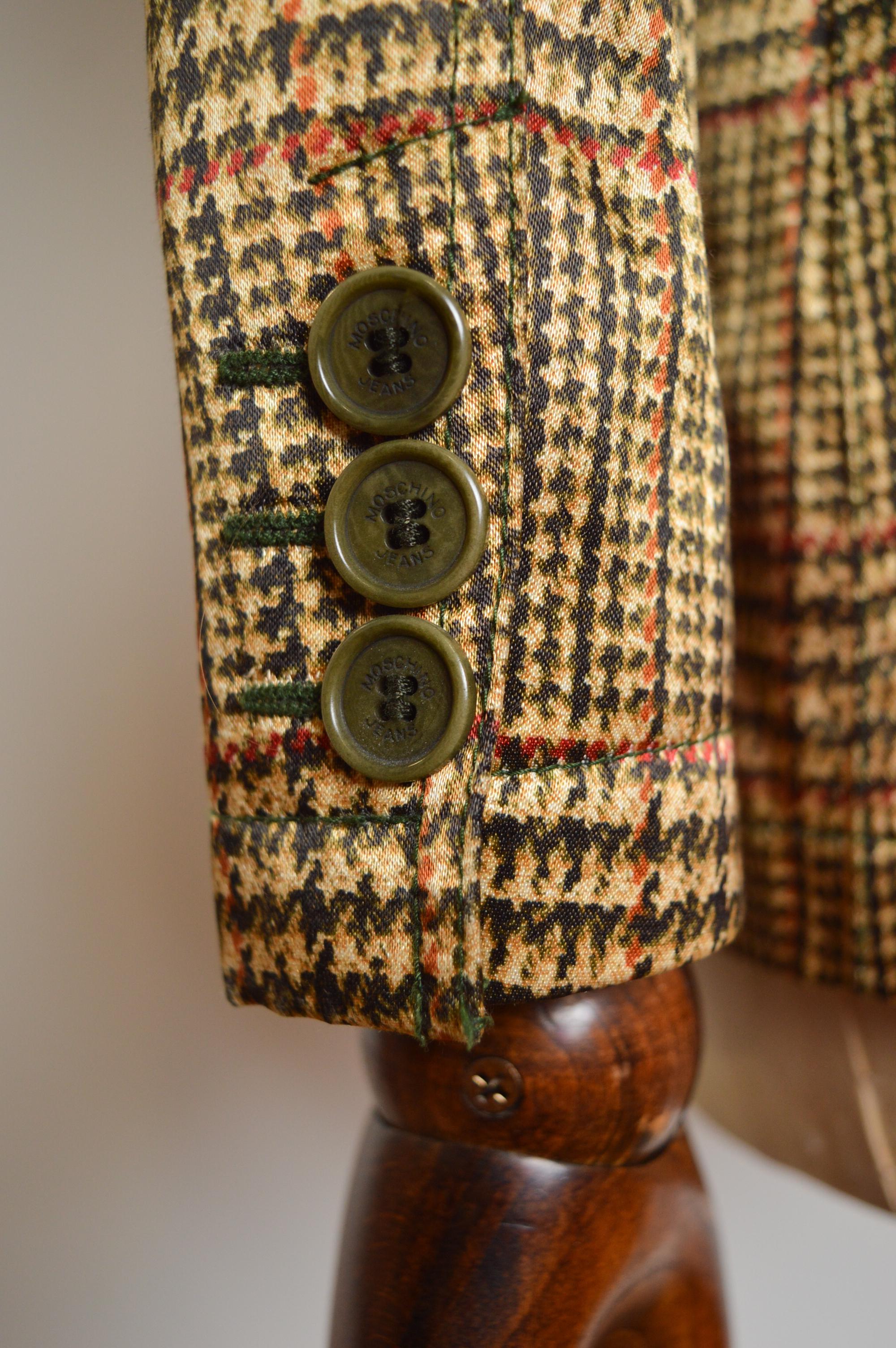 1990's MOSCHINO trompe l'œil Gold tweed Weave print Satin Blazer suit Jacket en venta 6