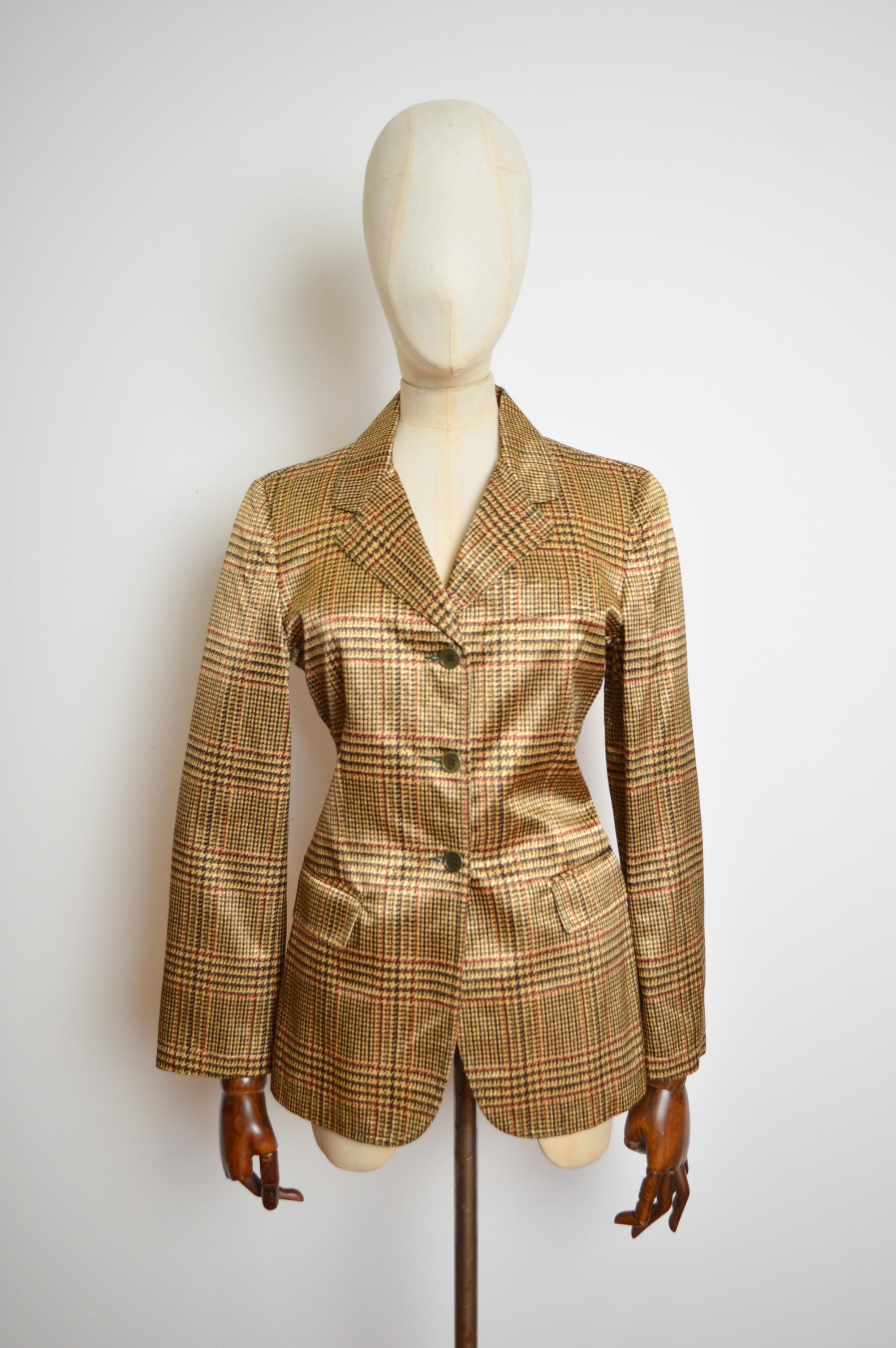 1990's MOSCHINO trompe l'œil Gold tweed Weave print Satin Blazer suit Jacket Marrón en venta