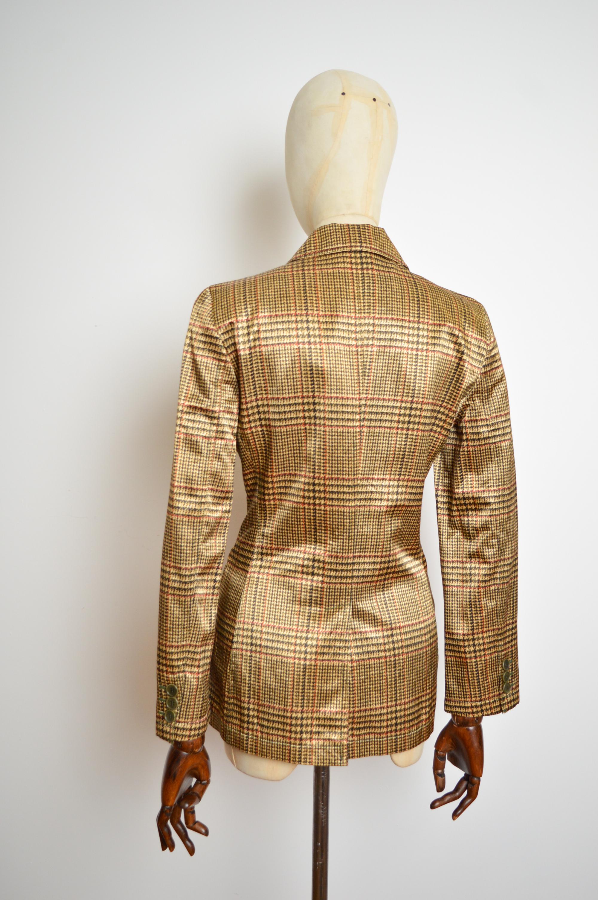 1990's MOSCHINO trompe l'œil Gold tweed Weave print Satin Blazer suit Jacket en venta 1