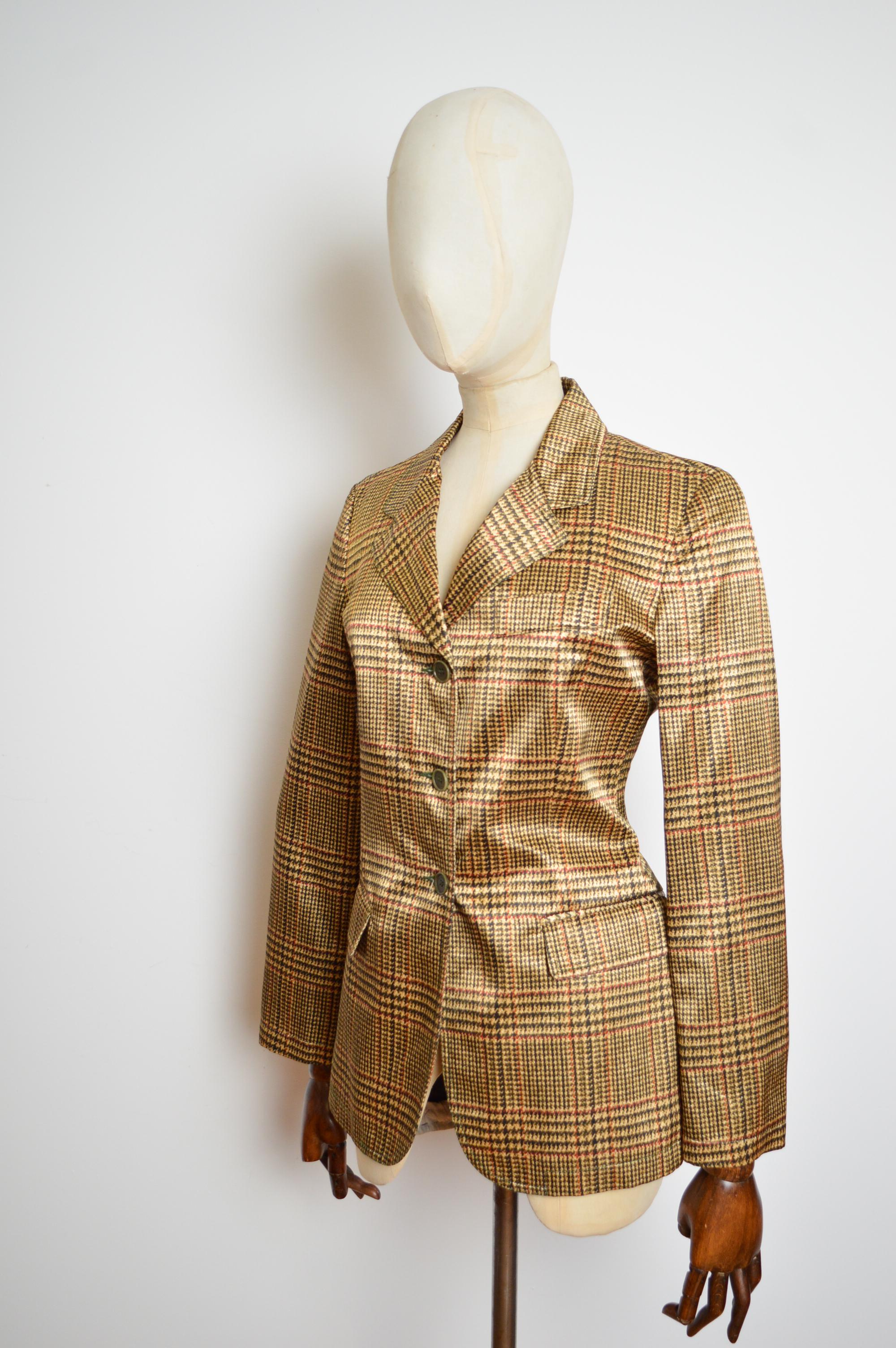 1990's MOSCHINO trompe l'œil Gold tweed Weave print Satin Blazer suit Jacket en venta 2