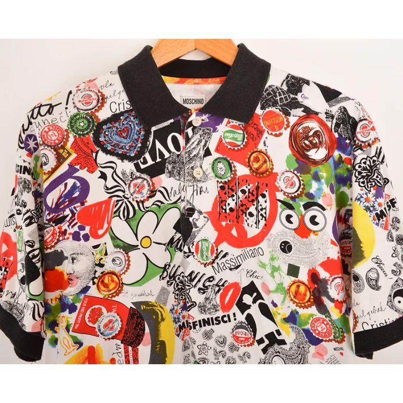 Vintage 1990's Moschino jeans Polo shirt, with a colourful, abstract 'Graffiti' print throughout and contrast Black piping around the sleeves and collar. 

MADE IN ITALY

Features:
Button down collar
Short sleeves
100% Cotton

Sizing measured in