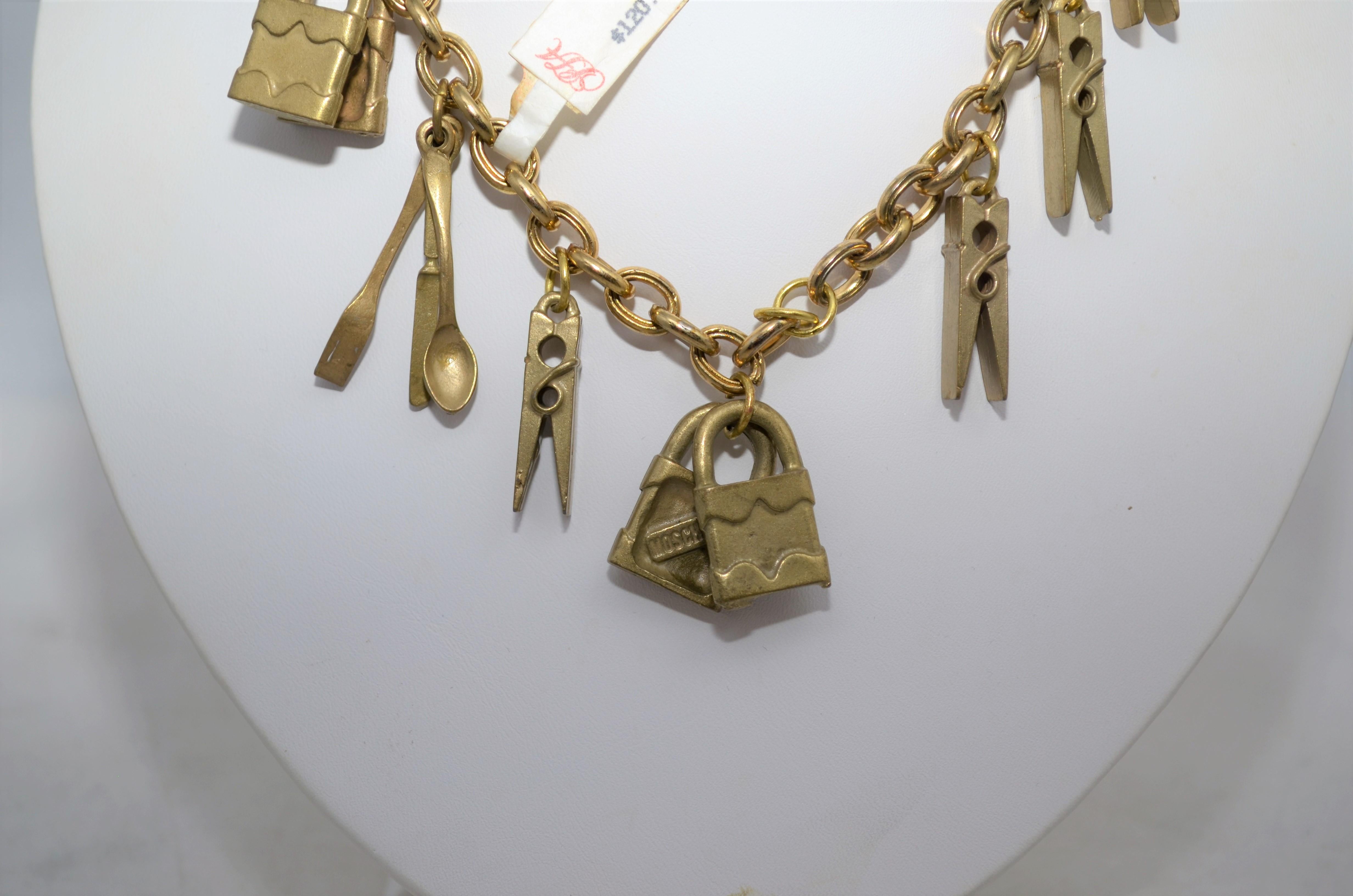 1990’s Moschino Vintage Chain Necklace with Padlock, Cutlery Charms In New Condition In Carmel, CA
