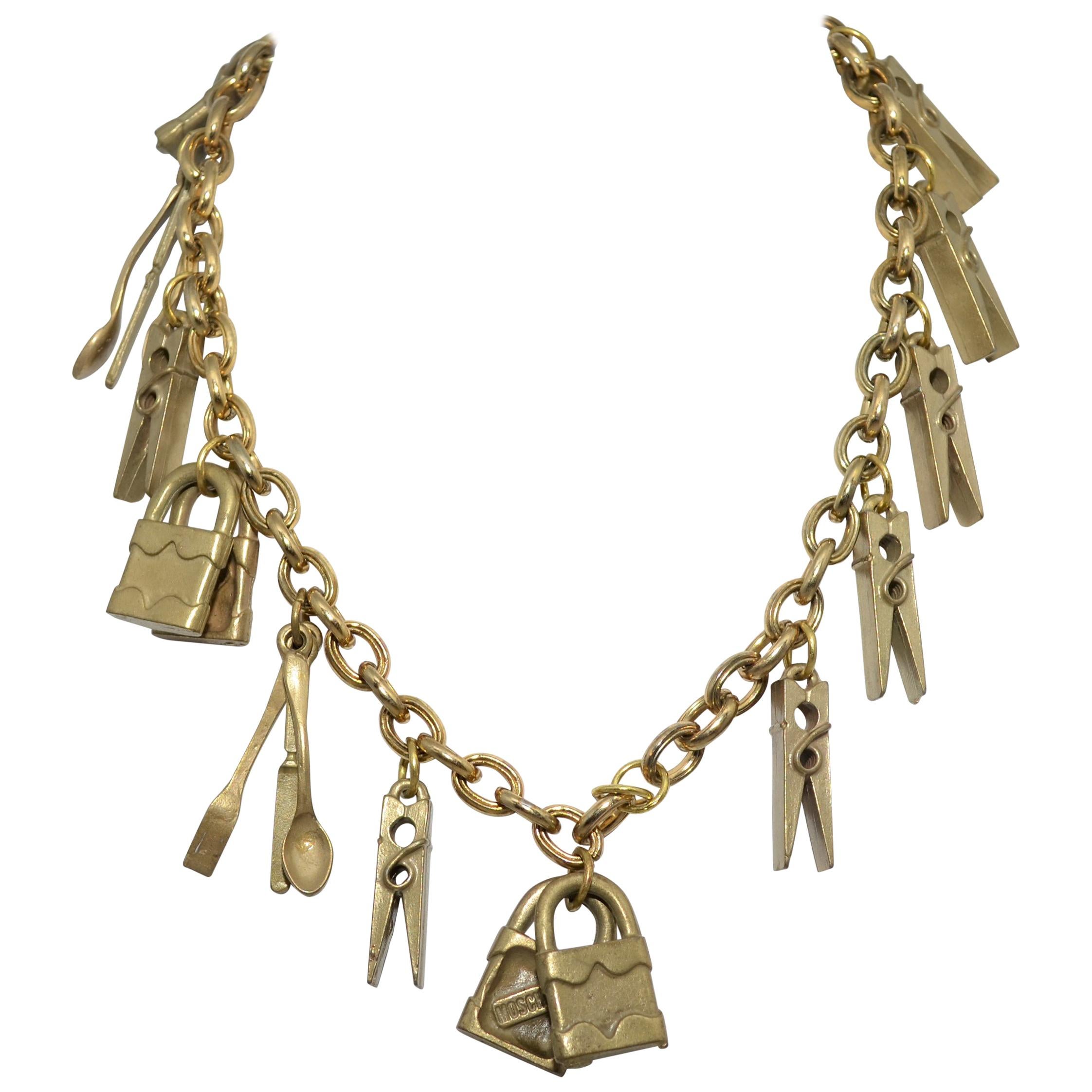 1990’s Moschino Vintage Chain Necklace with Padlock, Cutlery Charms