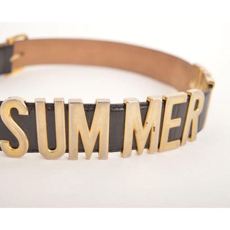 Fun, Vintage 1990's Moschino 'SUMMER TIME' gold tone letter belt. A fun alternative to the classic 'MOSCHINO' letter belt by the Maison.

MADE IN ITALY
Redwall.

Features:
'Summer Time' Lettering
Made in Italy
100% Leather

Sizing given in Inches :