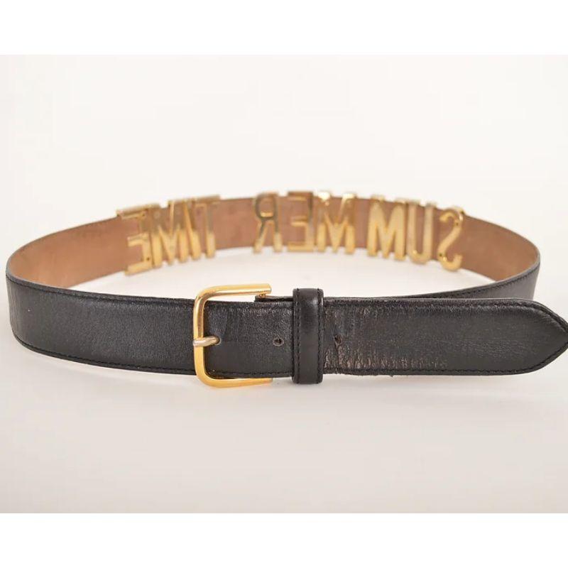 1990's Moschino Vintage 'Summer Time' Gold Letter Black Leather Waist Belt In Fair Condition For Sale In Sheffield, GB