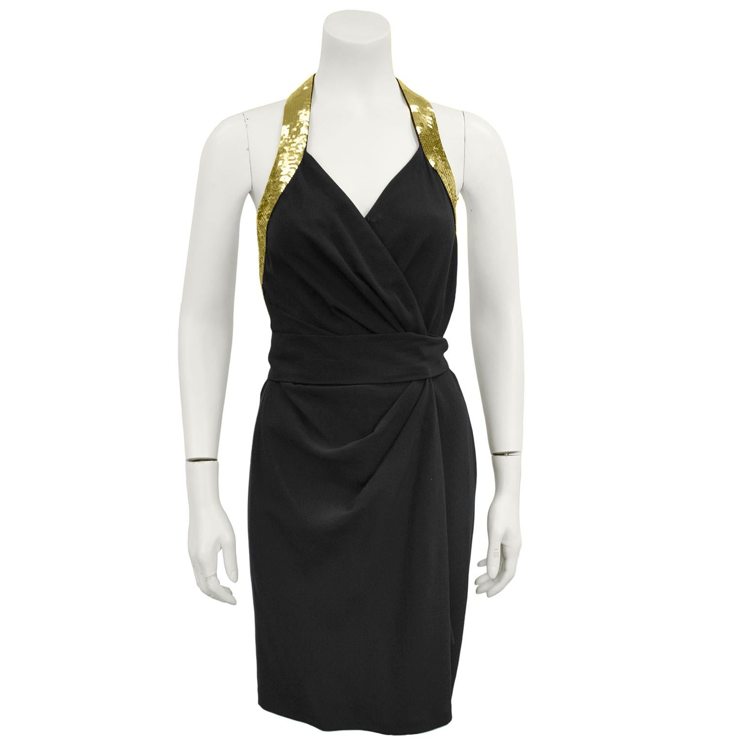 1990s fabulous Moschino Couture! black rayon jersey wrap dress with gold sequin 