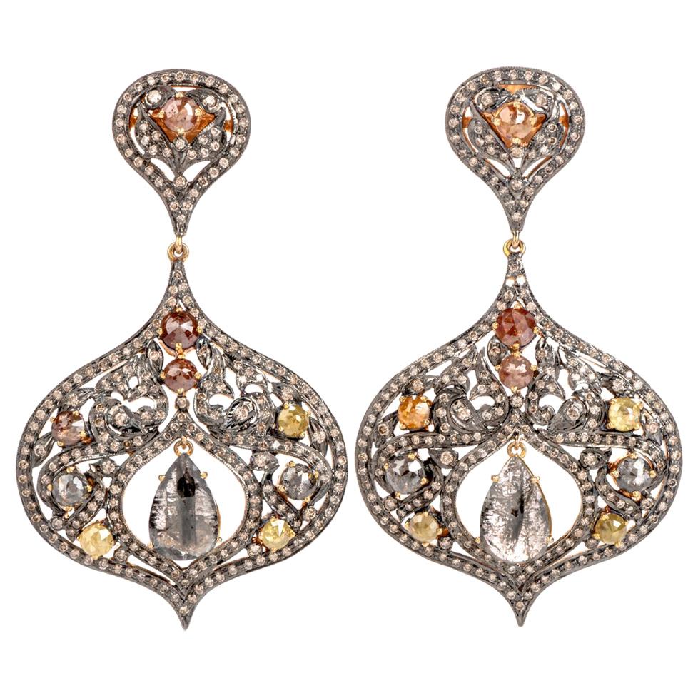 1990s Multi-Color Natural Diamond Silver 14 Karat Gold Large Dangle Earrings