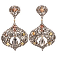 1990s Multi-Color Natural Diamond Silver 14 Karat Gold Large Dangle Earrings