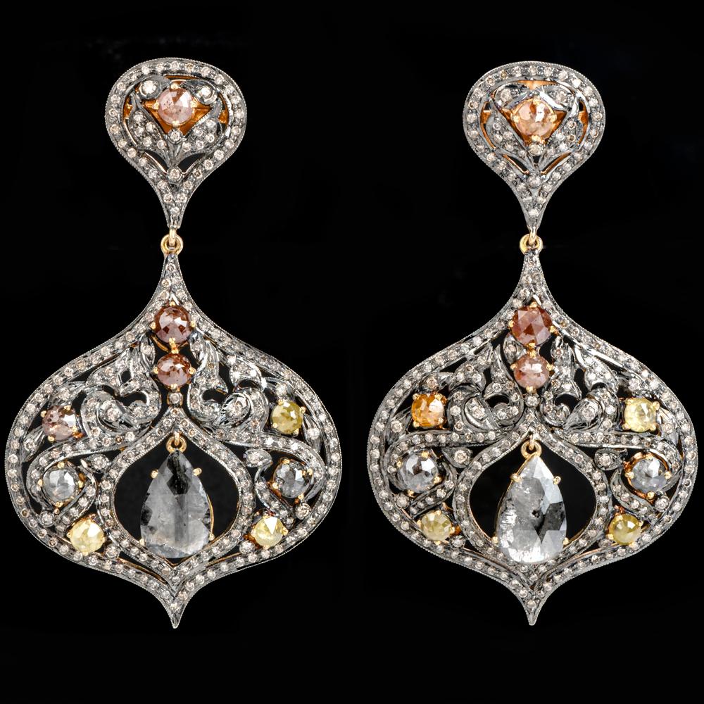 Empire 1990s Multi-Color Natural Diamond Silver 14 Karat Gold Large Dangle Earrings
