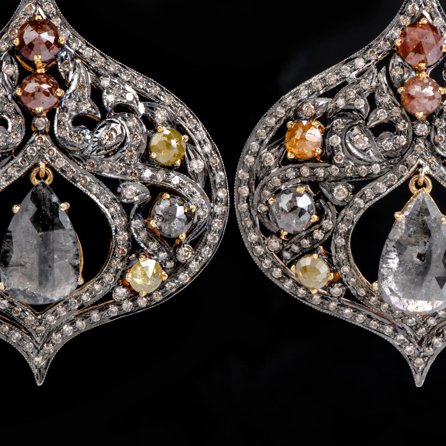 Pear Cut 1990s Multi-Color Natural Diamond Silver 14 Karat Gold Large Dangle Earrings