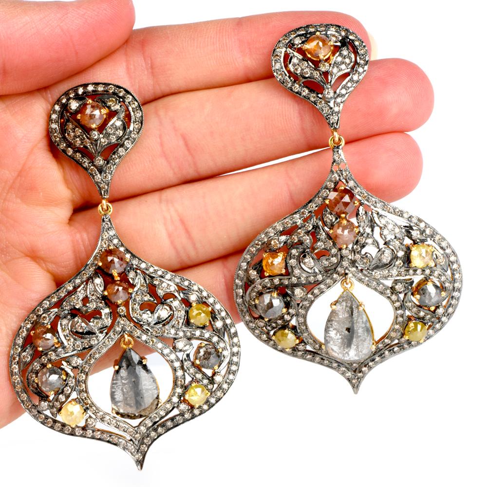 Women's 1990s Multi-Color Natural Diamond Silver 14 Karat Gold Large Dangle Earrings