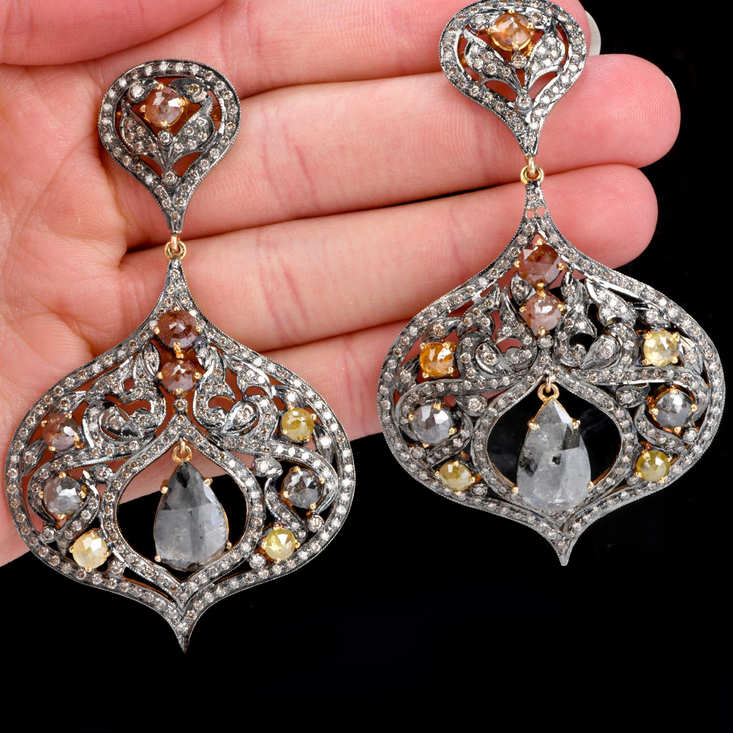 1990s Multi-Color Natural Diamond Silver 14 Karat Gold Large Dangle Earrings 1