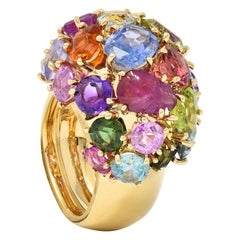 1990's Multi-Gem Sapphire 14 Karat Yellow Gold Vintage Cluster Cocktail Ring