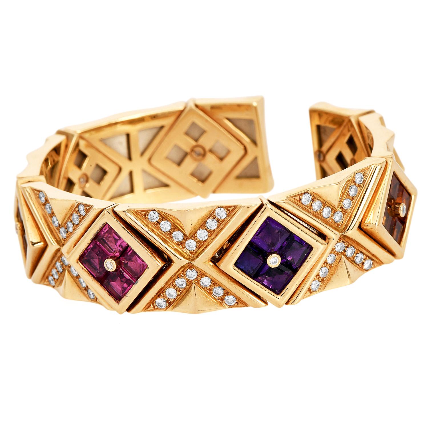 A statement piece designed to complement a luxurious necklace and earring set. Each statement square link interlocks in a symphony of geometric grace, invisibly set with square multi-gemstones such as amethyst, citrine, tourmaline, and topaz.

The