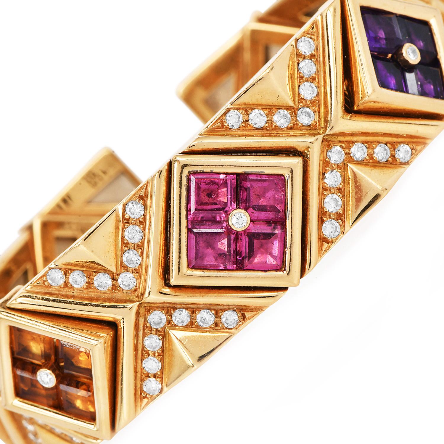 1990s Multi Gemstone Diamond 18K Gold Statement Cuff Bracelet In Excellent Condition For Sale In Miami, FL