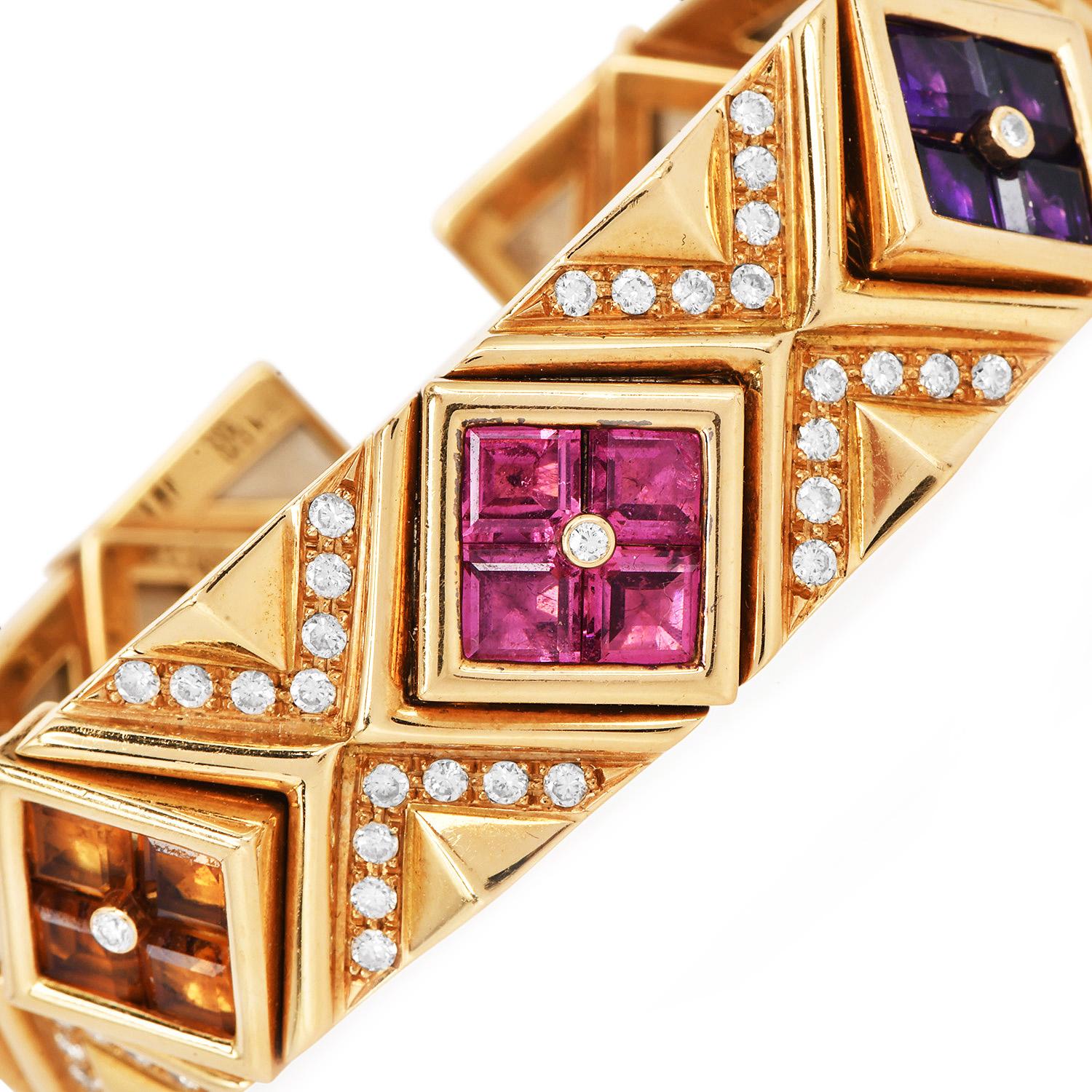 1990 Bracelet manchette en or 18K à pierres multiples et diamants Excellent état - En vente à Miami, FL