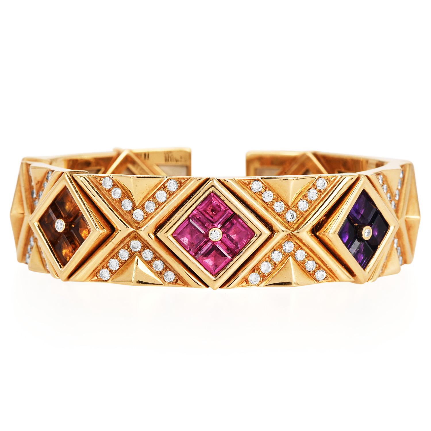 Women's 1990s Multi Gemstone Diamond 18K Gold Statement Cuff Bracelet For Sale